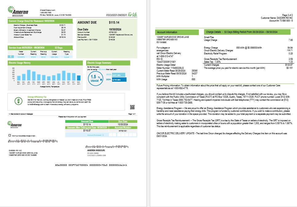 USA Ameren Missouri electricity business utility bill template in Word and PDF formats (2 pages)